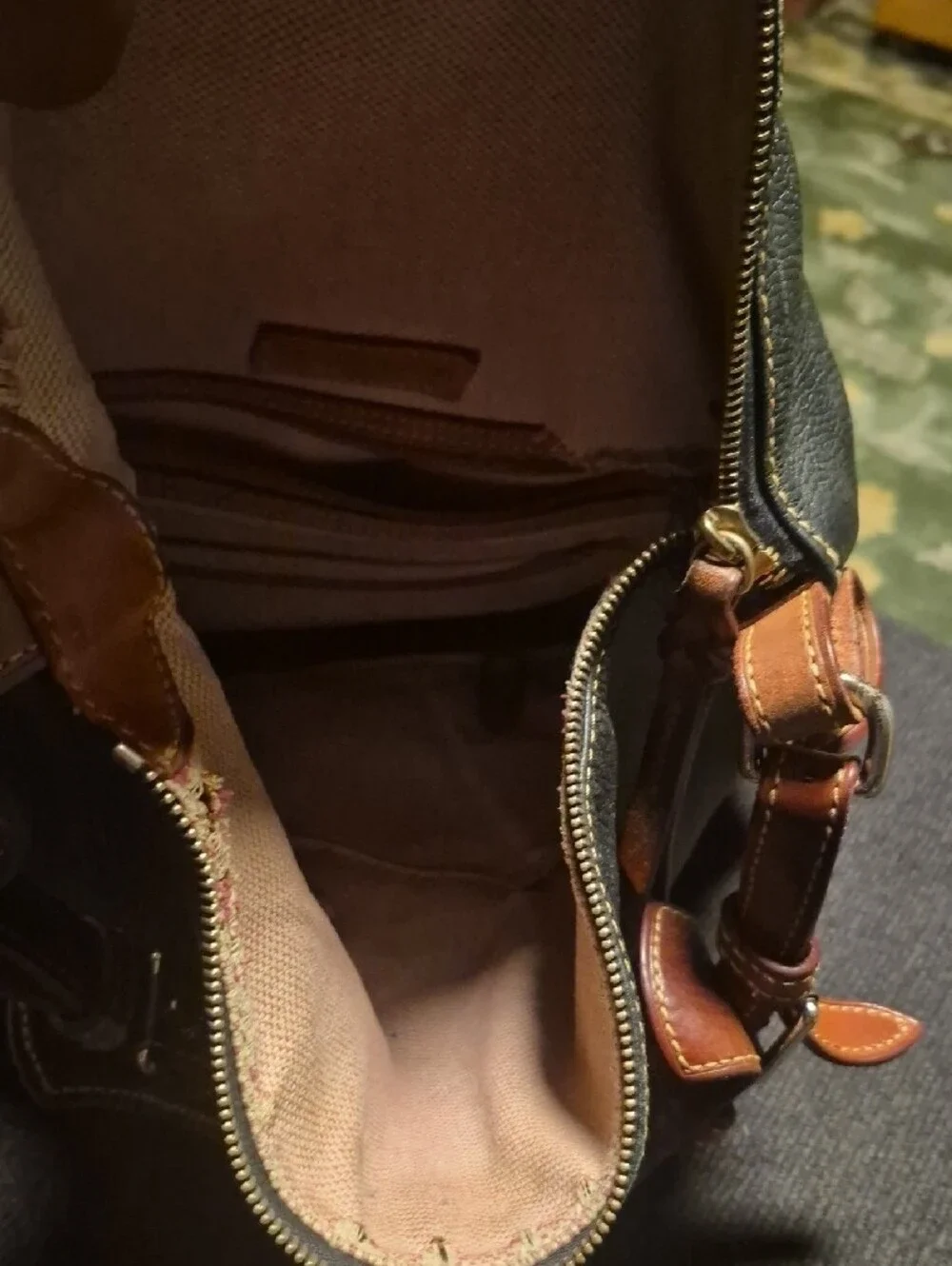 Dooney & Bourke Black Pebbled Leather Messenger with Brown Strap